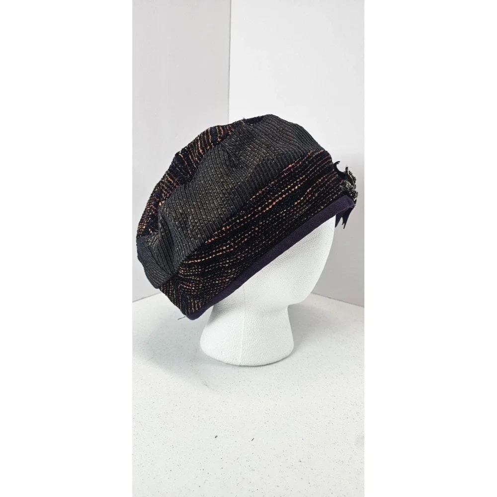 Vintage‎ Beaded Feather Beret Hat Purple Black Metallic Women's Dress Hat